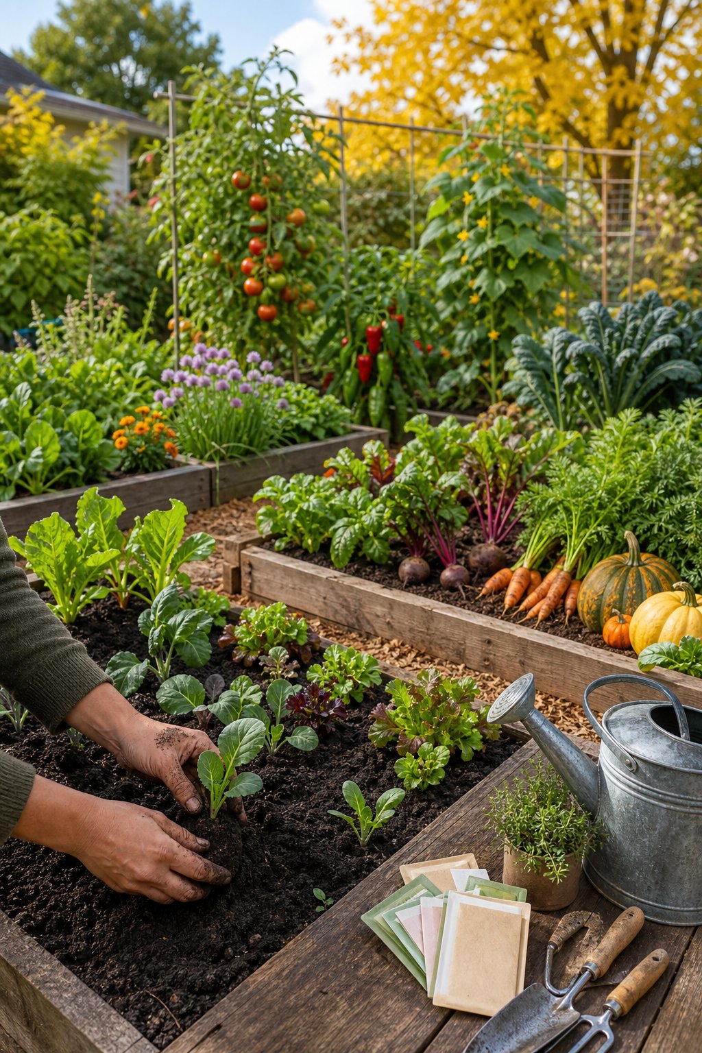 A gardener plants a seedling in a productive raised-bed vegetable garden with crops growing in different stages.