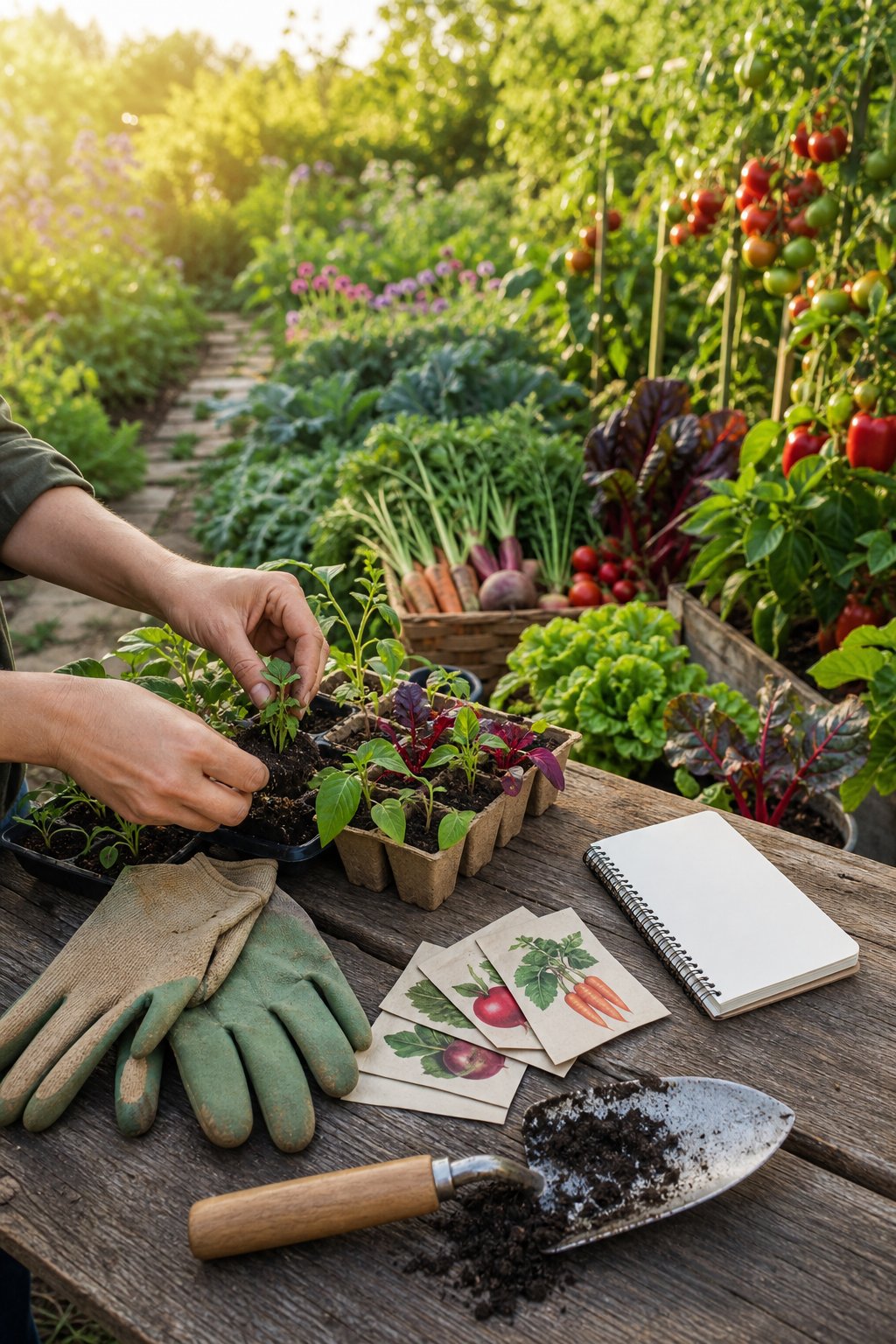 A gardener organizes seedlings, tools, and seasonal vegetables on a wooden potting bench beside a lush garden.