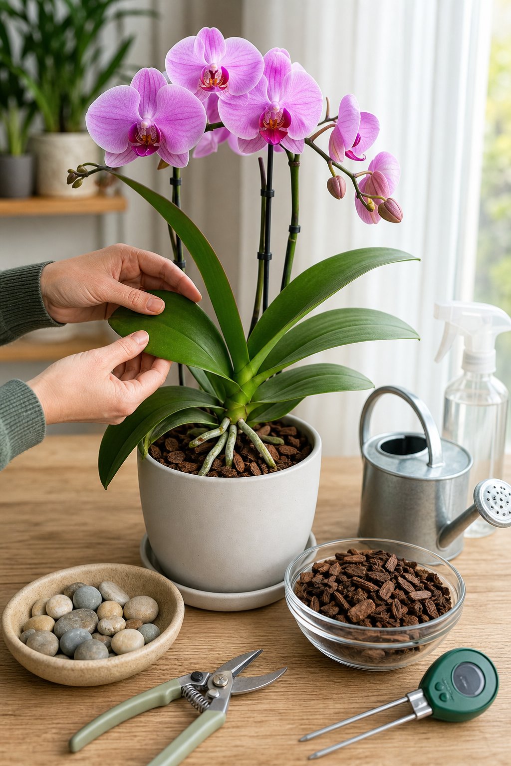 A blooming orchid in a pot beside simple plant-care tools near a bright window.