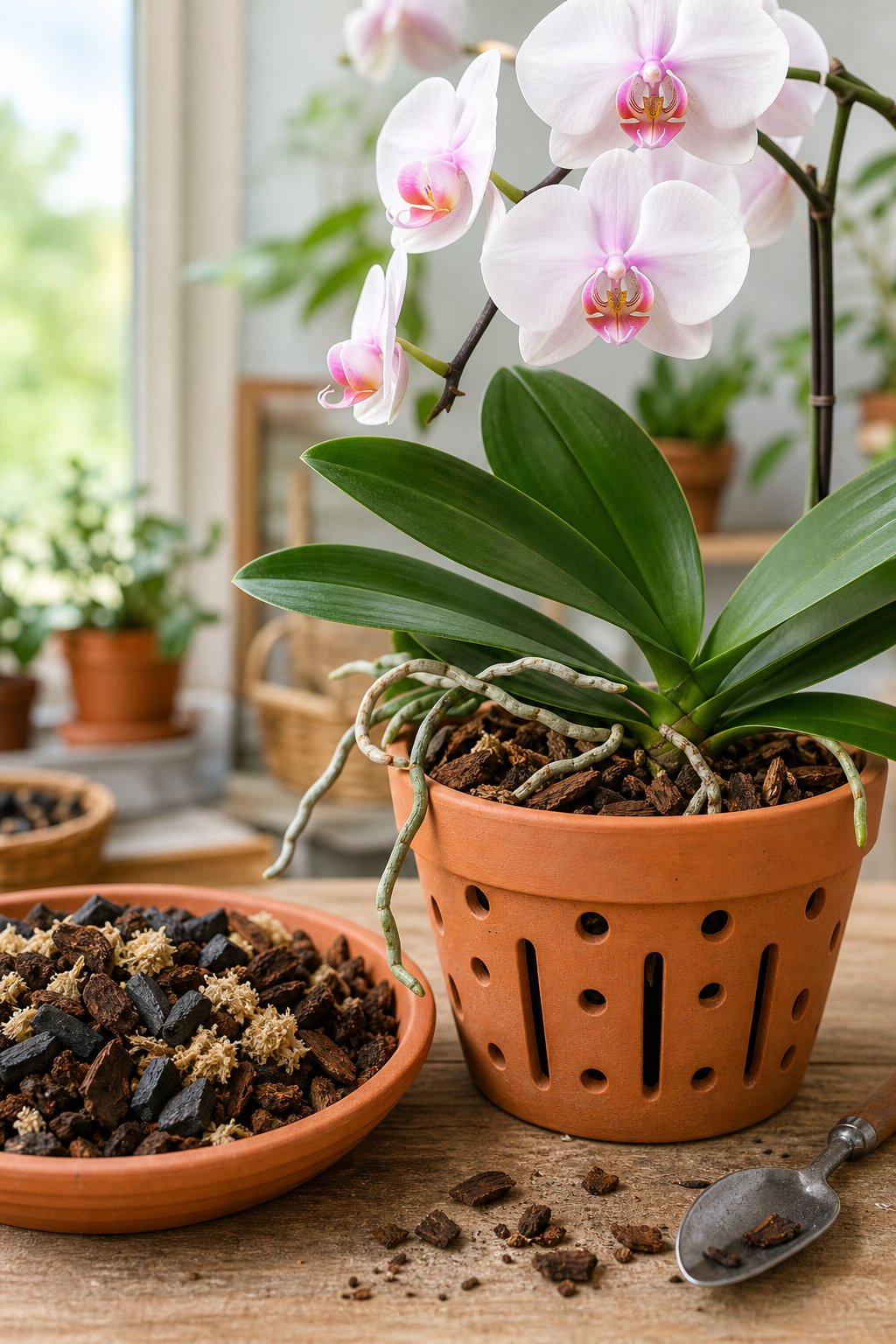 A healthy blooming orchid in a ventilated terracotta pot beside chunky, well-draining potting mix.