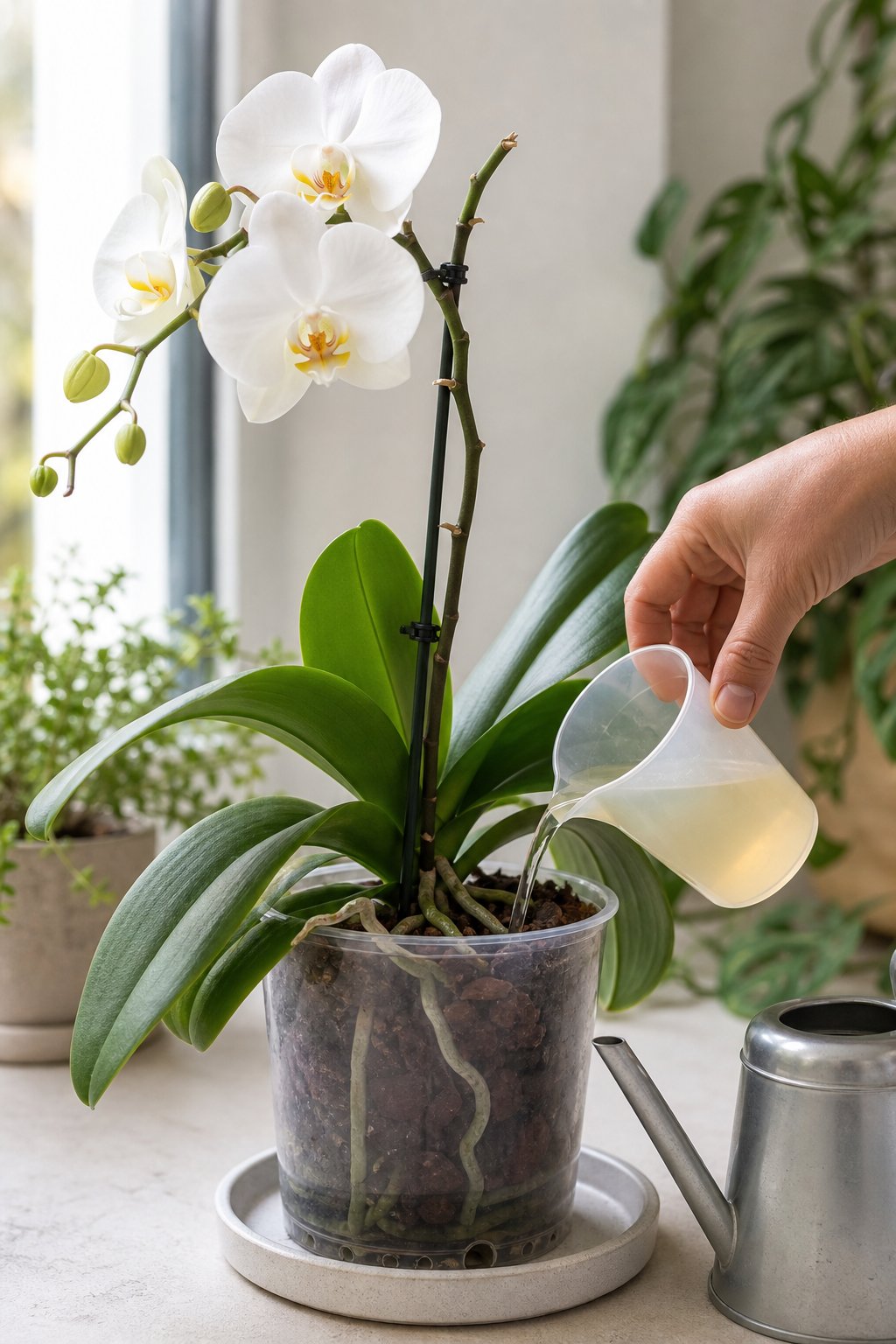 A person gently feeds a blooming white Phalaenopsis orchid beside a measuring cup of diluted fertilizer.