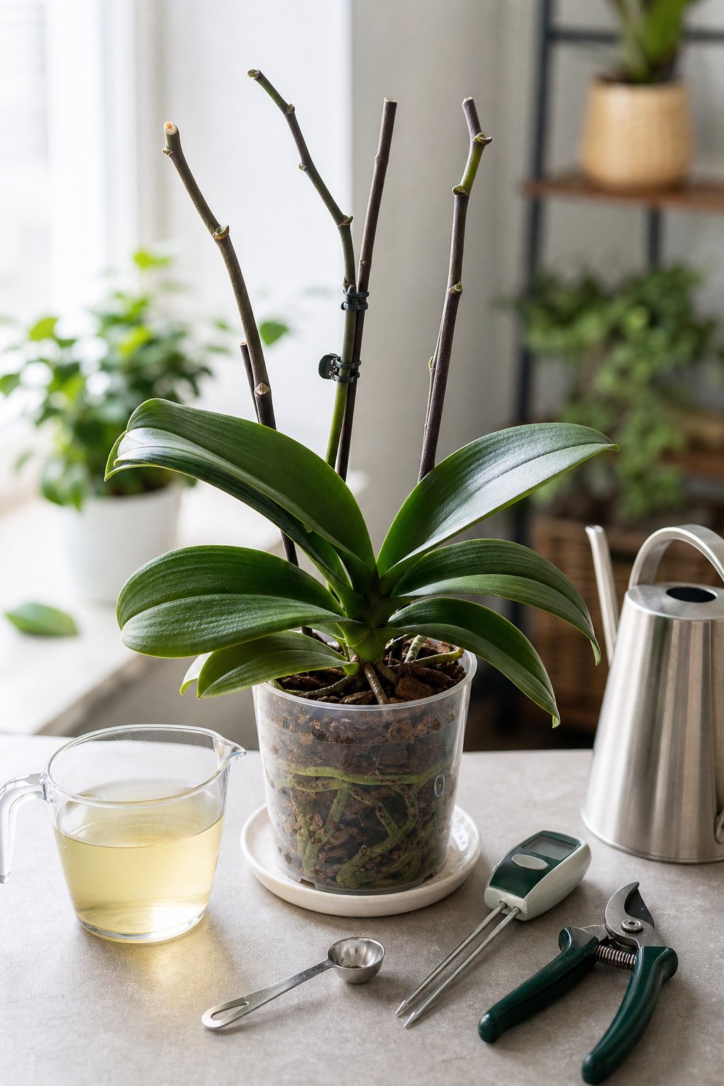 A potted orchid with healthy leaves beside fertilizer, a watering can, and plant-care tools on a bright indoor workspace.
