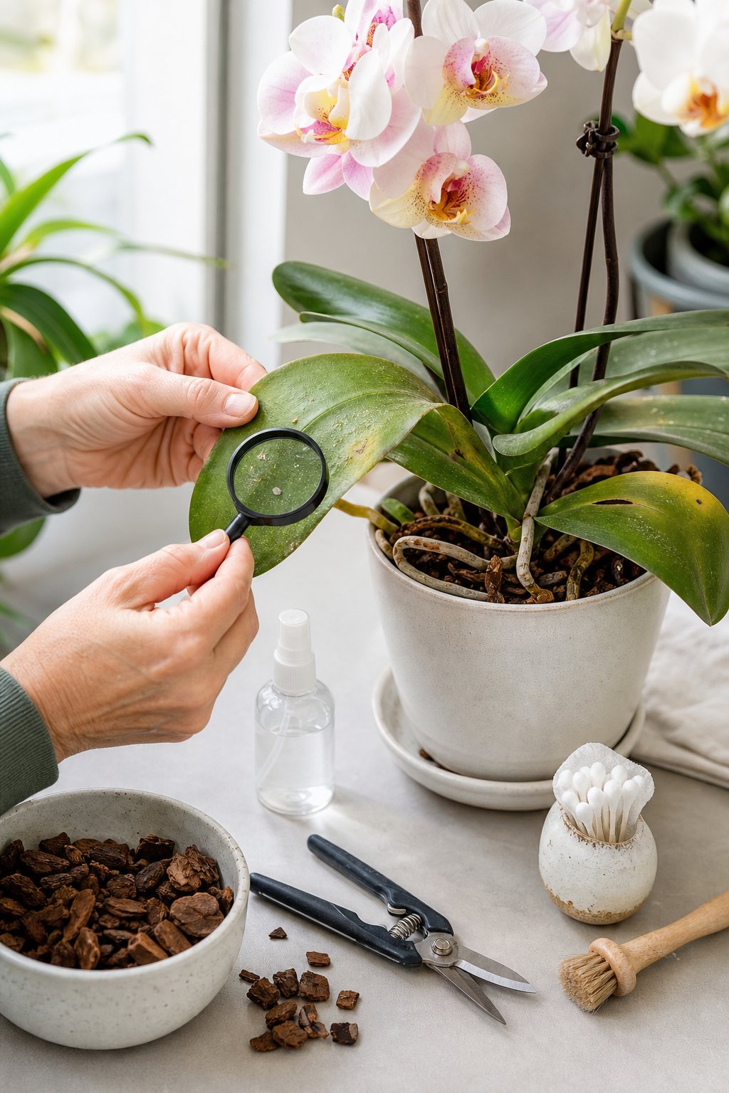 A gardener examines an orchid leaf with a magnifying glass beside plant-care tools.