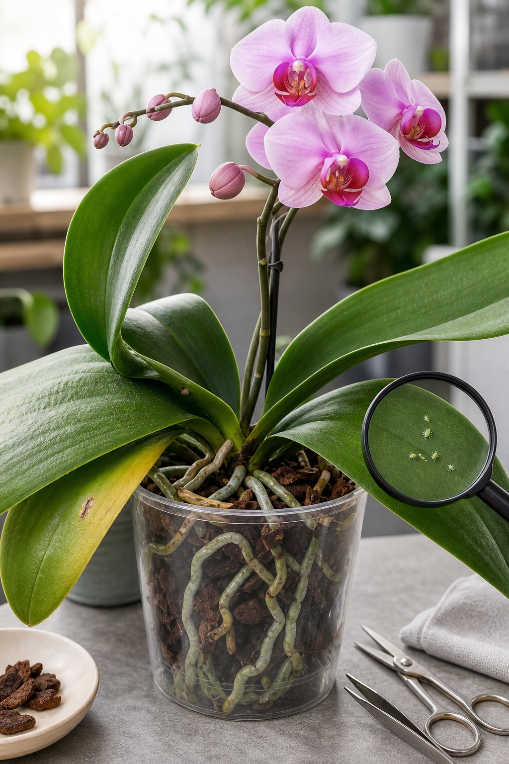 Phalaenopsis orchid showing healthy leaves, roots, and buds alongside minor signs of leaf stress and pests.