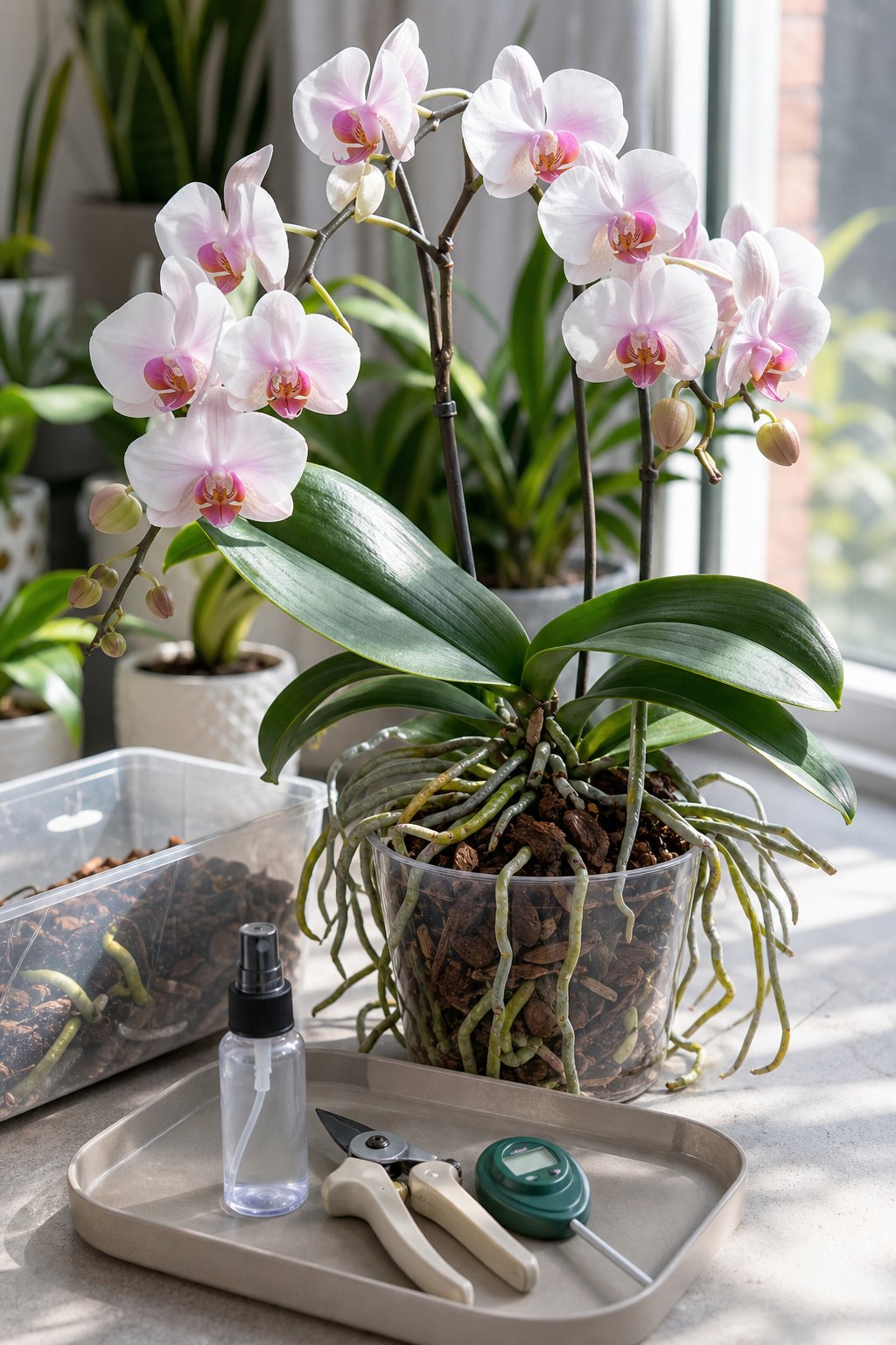 A Phalaenopsis orchid with white and pink flowers is shown near a window with visible roots and plant-care tools.