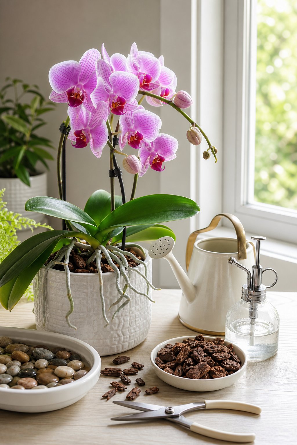 A blooming orchid in a pot surrounded by simple plant-care tools near a bright window.