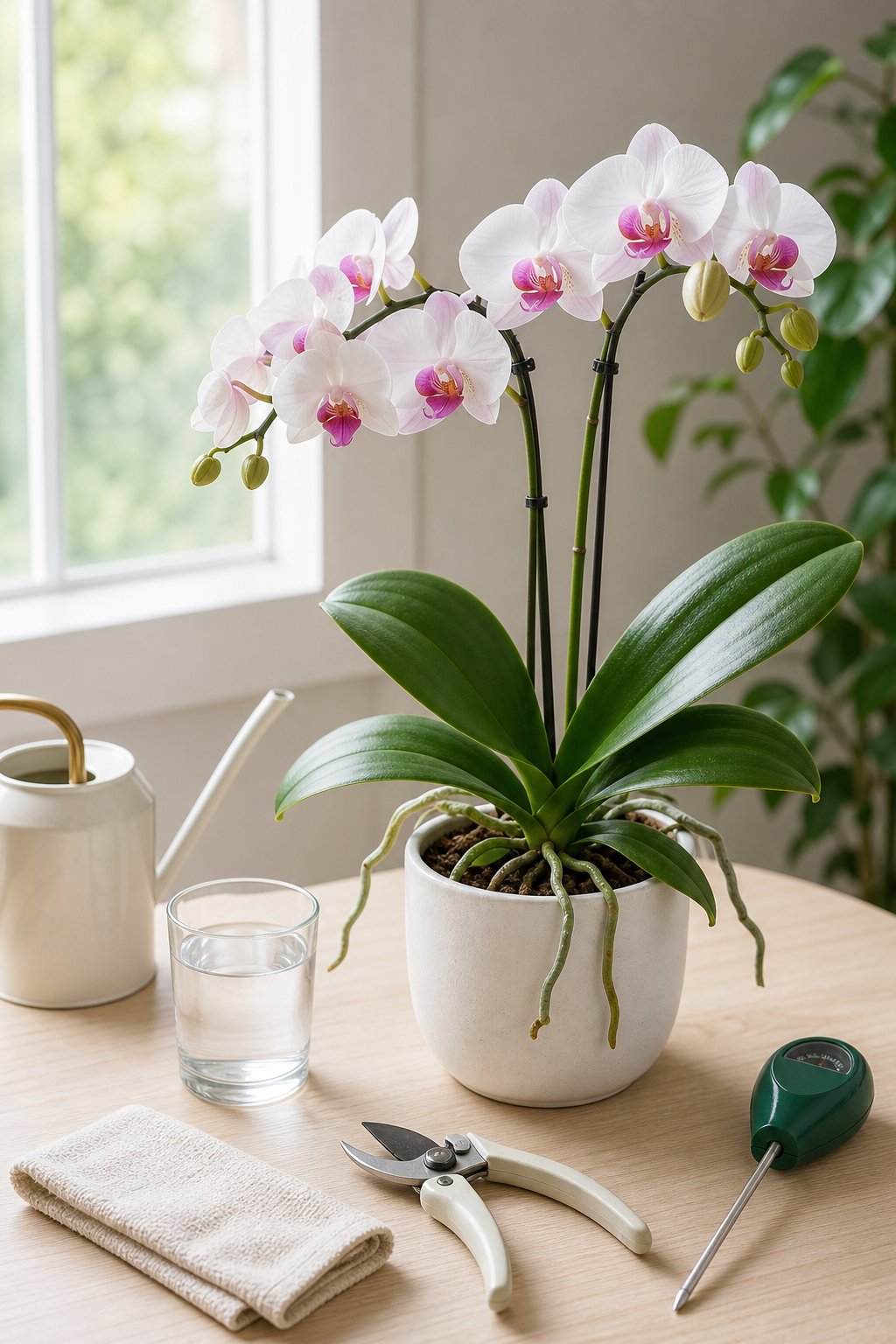 A healthy white-and-pink phalaenopsis orchid with care tools on a bright countertop.