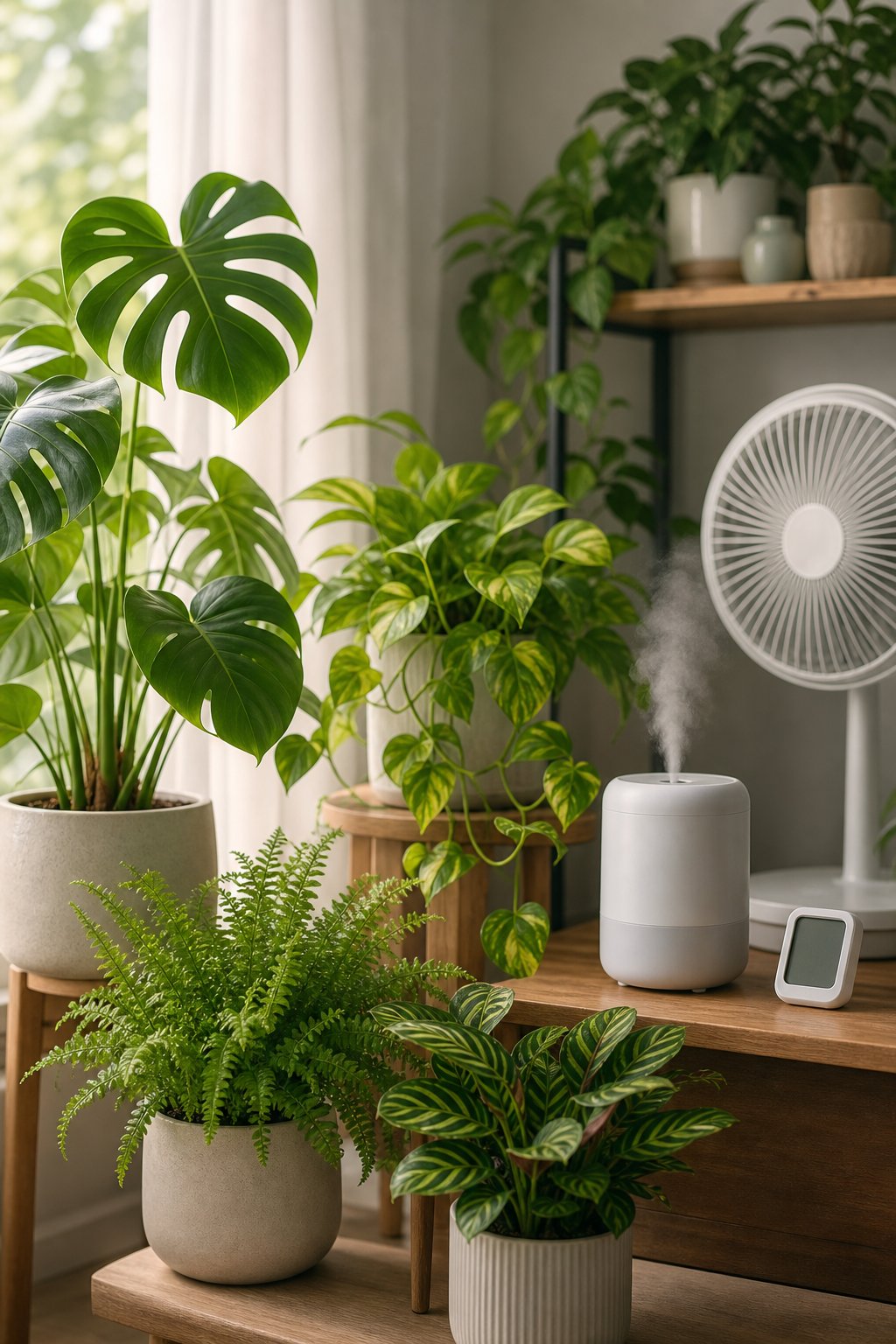 Healthy houseplants arranged near a window with a humidifier, thermometer, hygrometer, and fan.