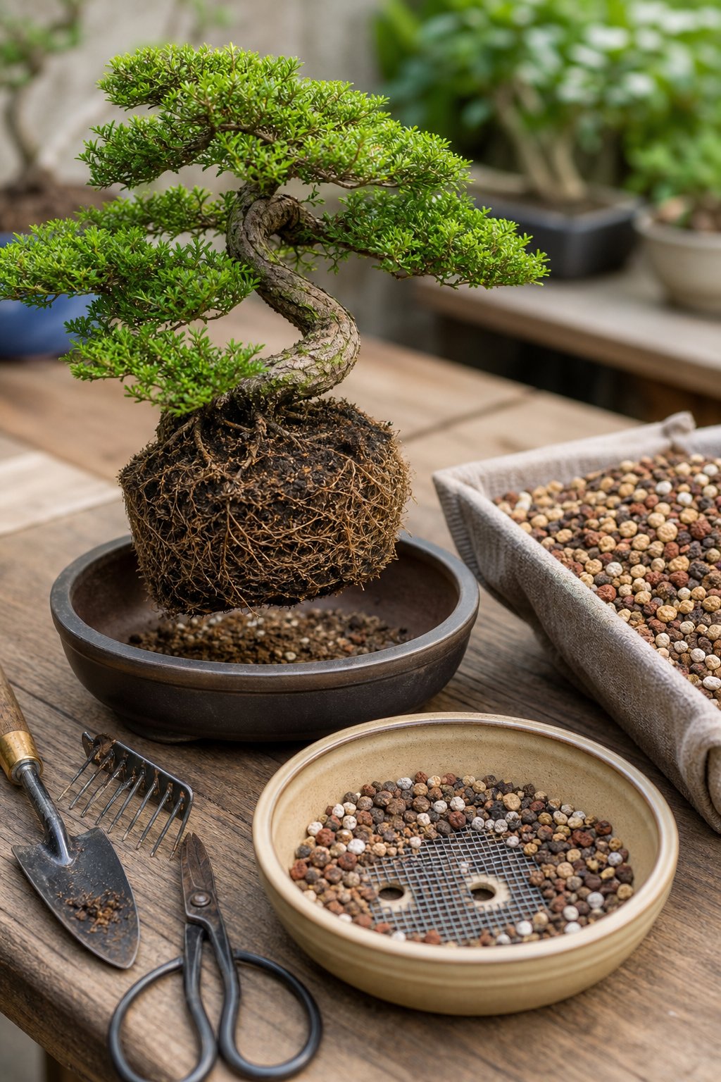 A bonsai tree is being repotted beside a shallow pot, healthy roots, and coarse fast-draining soil.