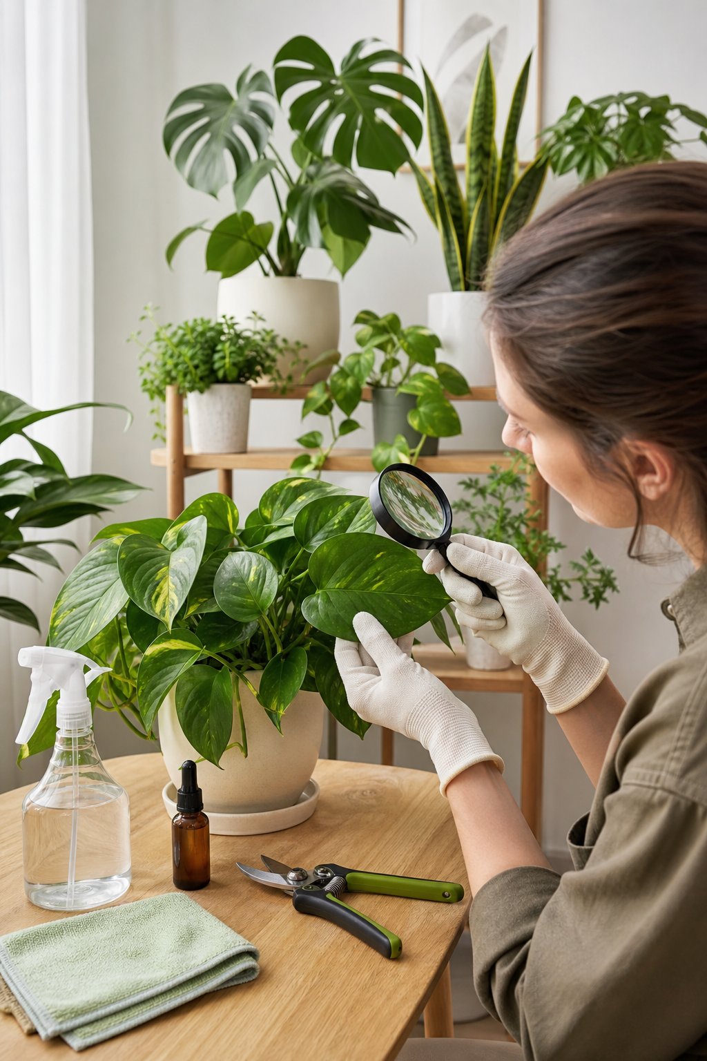 A person inspects the leaves of healthy indoor plants with a magnifying glass and gardening tools nearby.