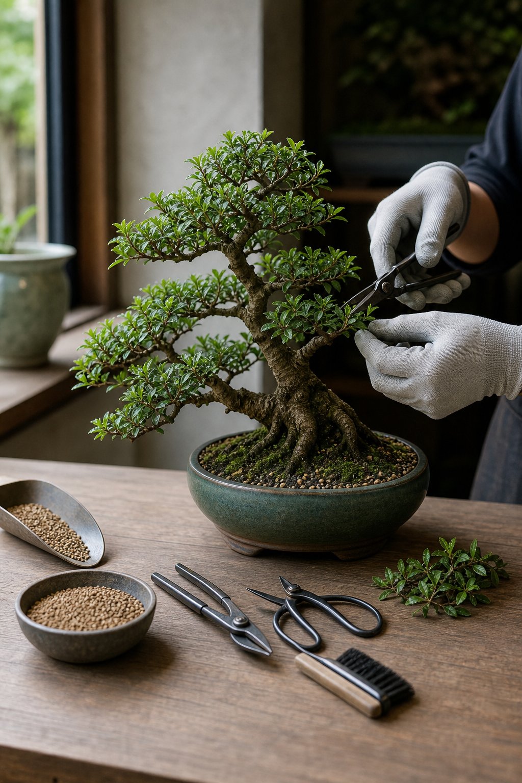 Hands prune a healthy bonsai tree beside gardening tools and fertilizer on a workbench.