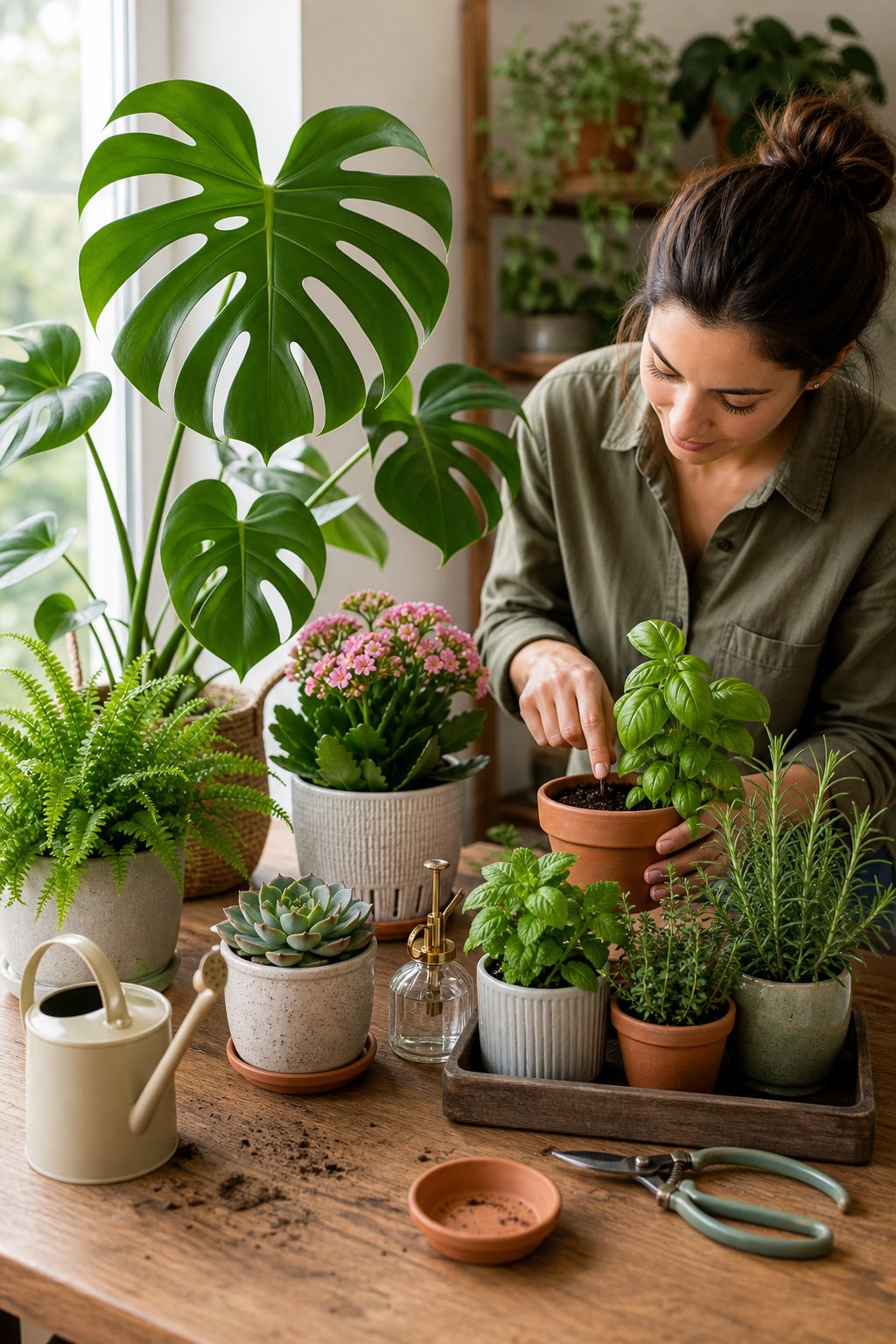 A person caring for a collection of potted houseplants and indoor herbs beside a sunny window.