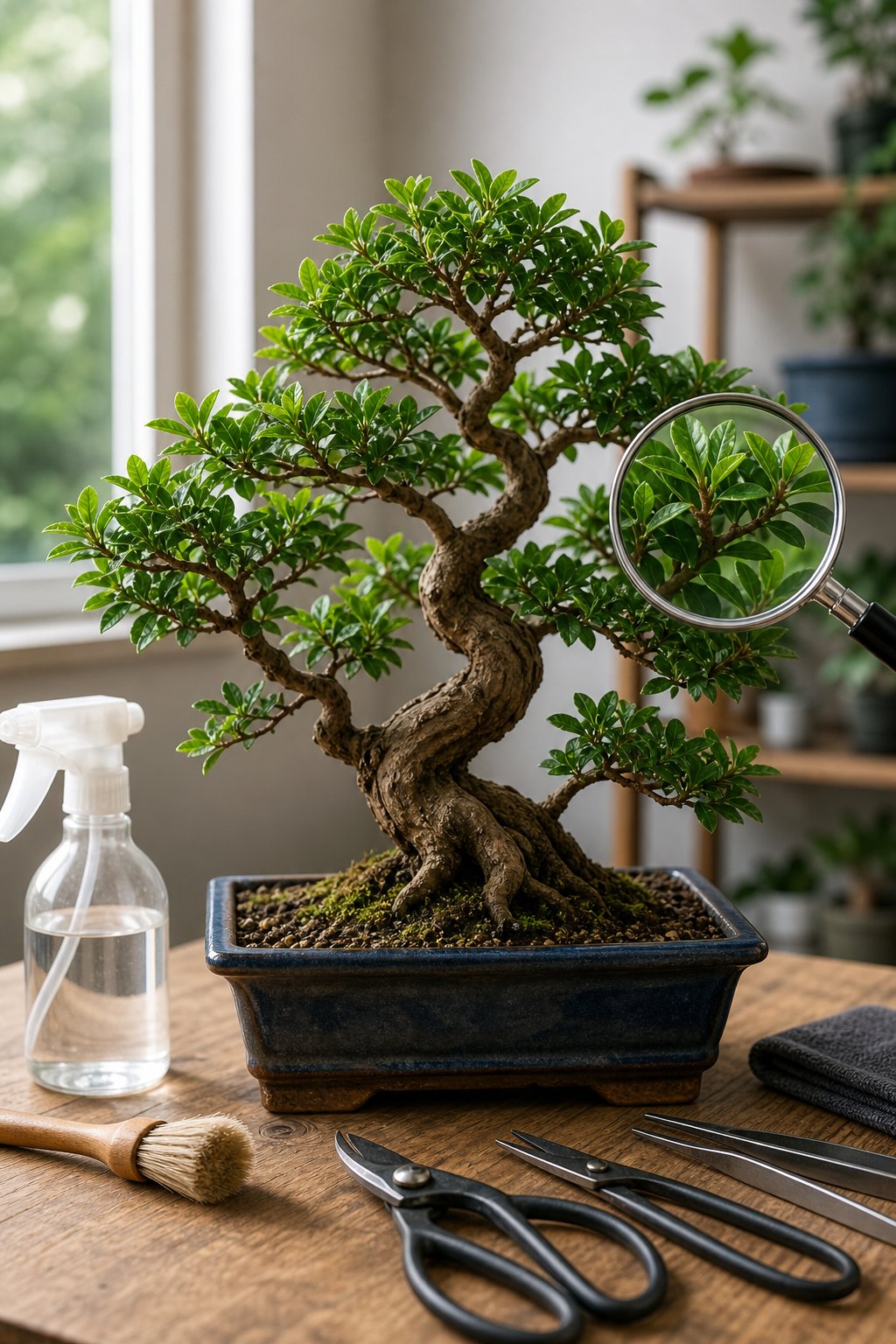 A healthy bonsai tree is inspected with a magnifying glass beside simple gardening tools.