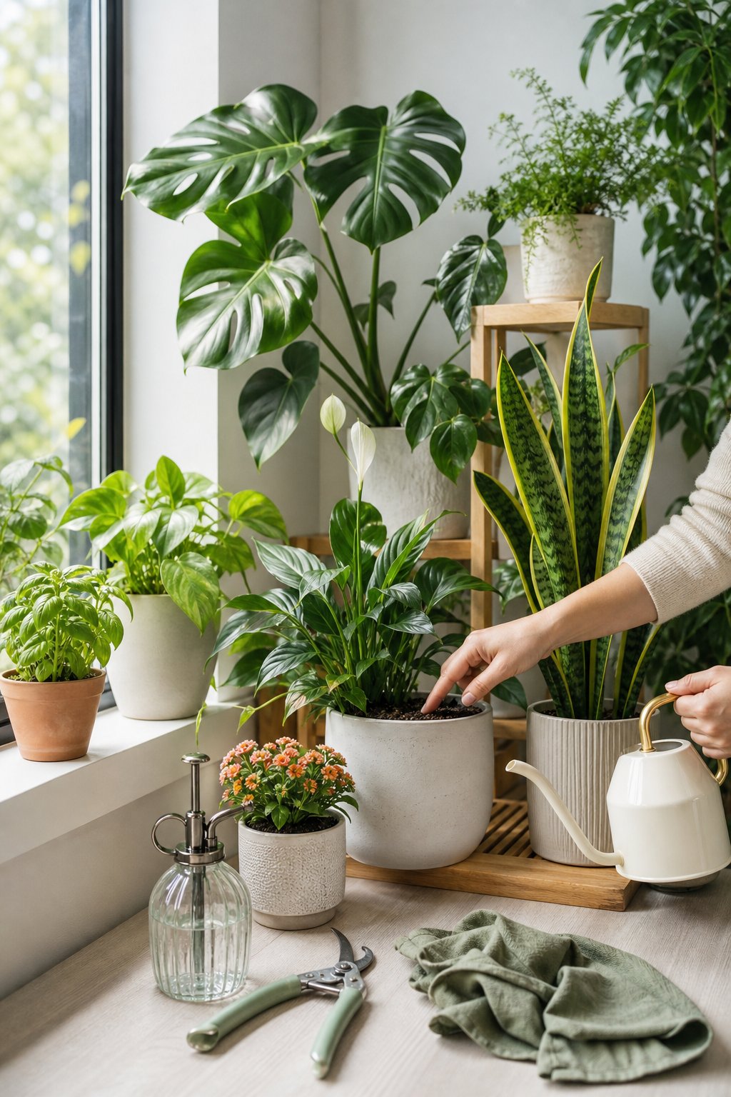 Hands checking the soil of a potted houseplant beside several healthy indoor plants.