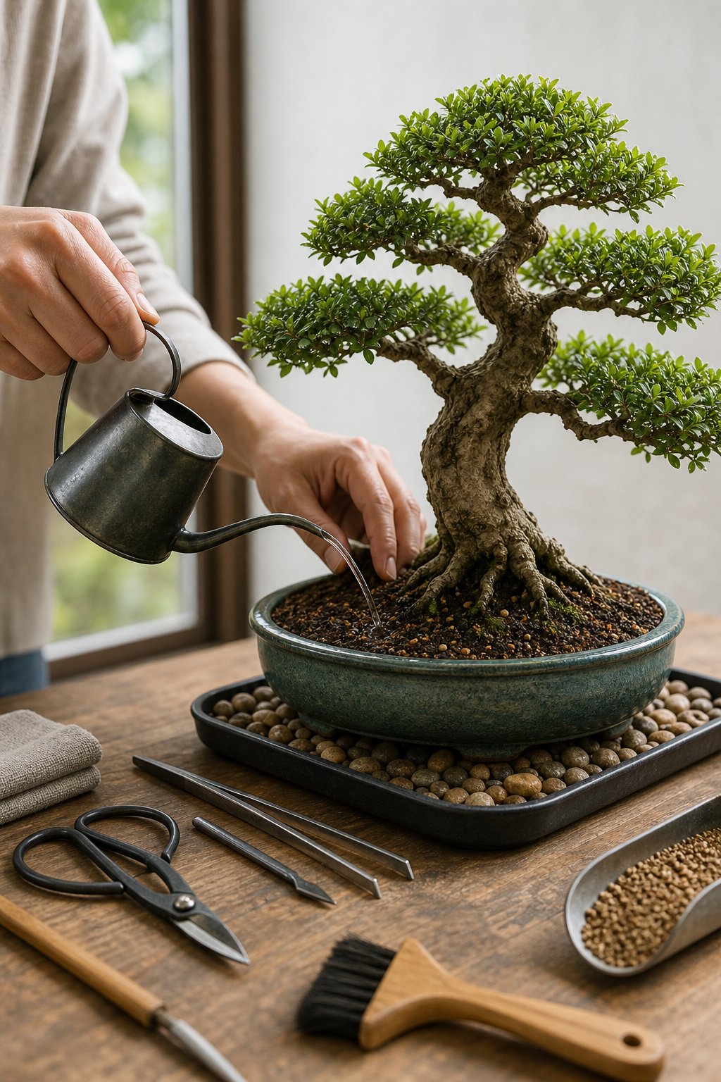 Hands gently watering a healthy bonsai tree on a workbench with gardening tools nearby.