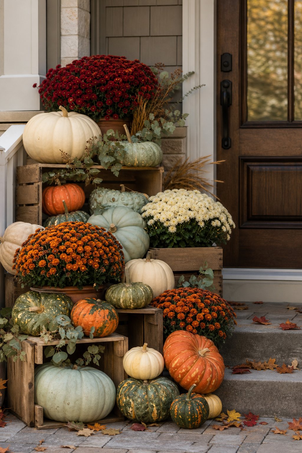 A front step decorated with stacked heirloom pumpkins and colorful potted mums for autumn.
