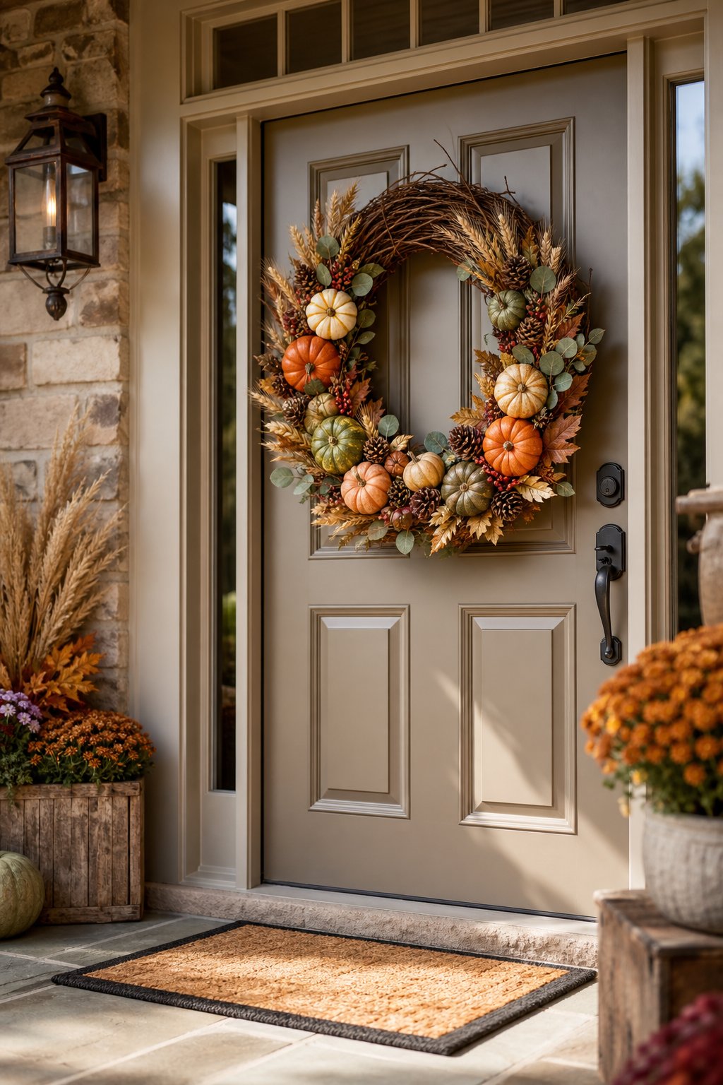 A fall harvest wreath with mini pumpkins hangs on a front door.
