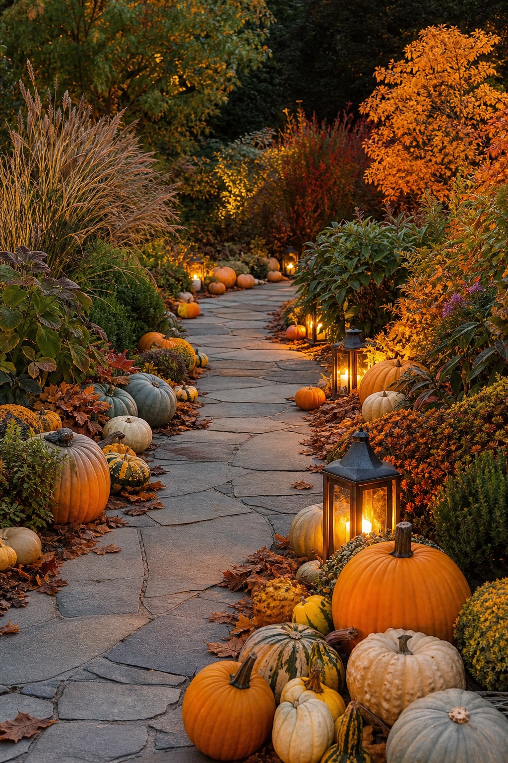 A garden walkway lined with pumpkins and glowing lanterns amid autumn foliage.