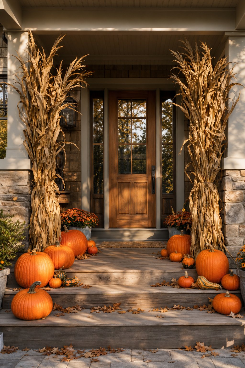 A farmhouse porch decorated with cornstalk bundles and orange pumpkins.