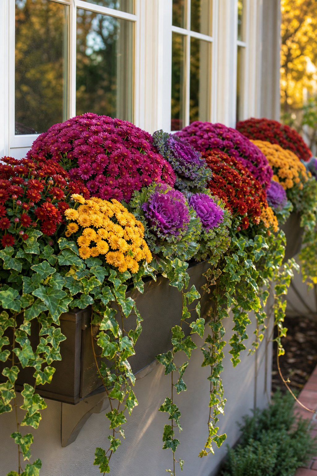 Jewel-toned chrysanthemums, ornamental kale, and trailing ivy fill outdoor window boxes beneath a home window.