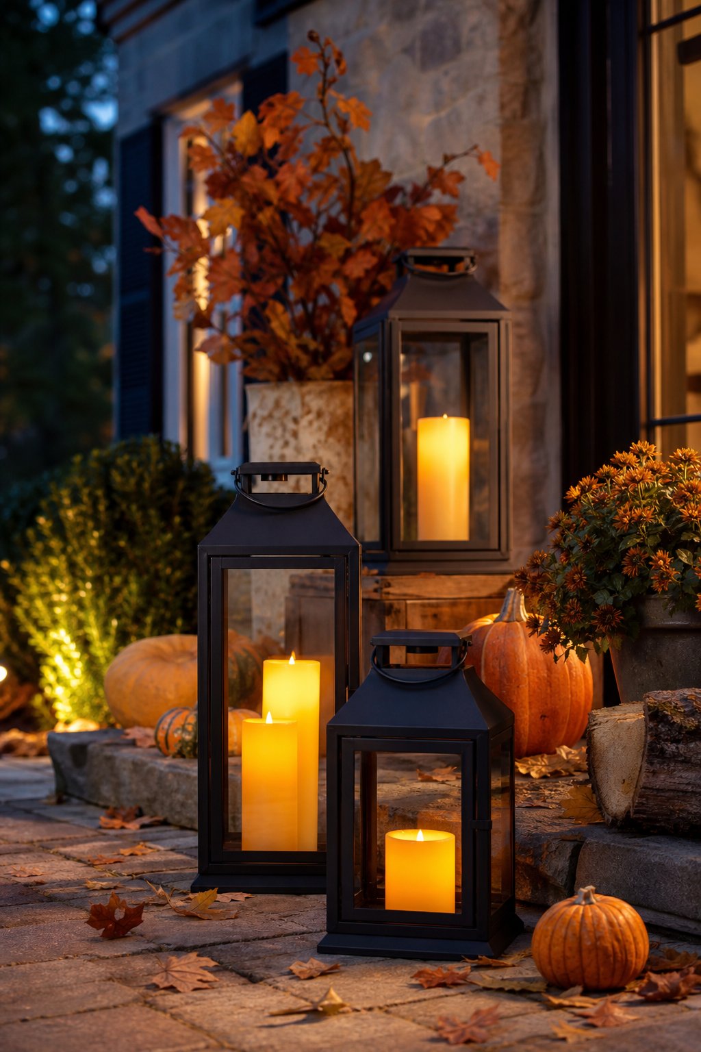 Black metal lanterns with glowing amber candles arranged among autumn leaves and pumpkins outdoors.