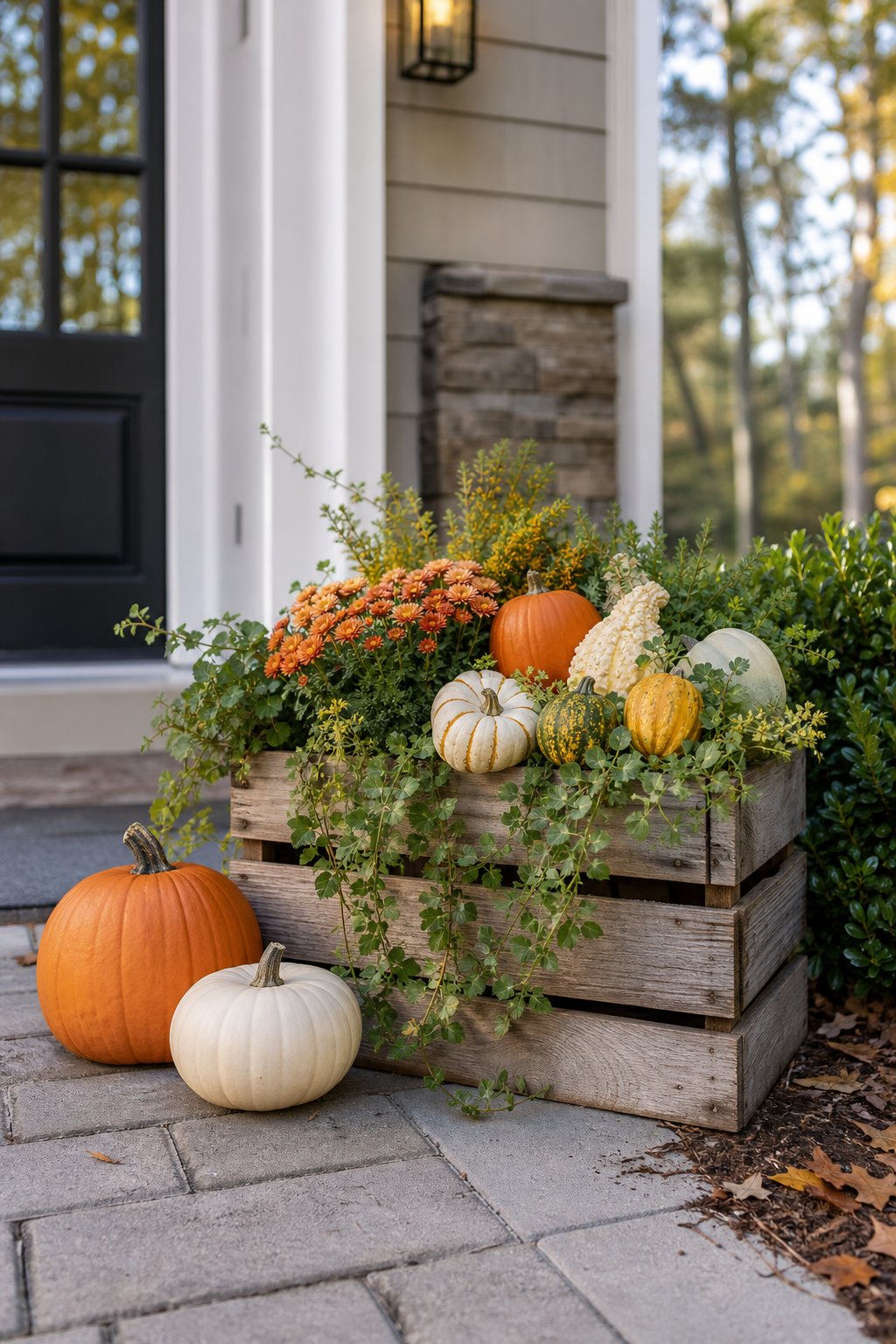 A wooden crate filled with pumpkins, gourds, flowers, and greenery sits near a front entrance.