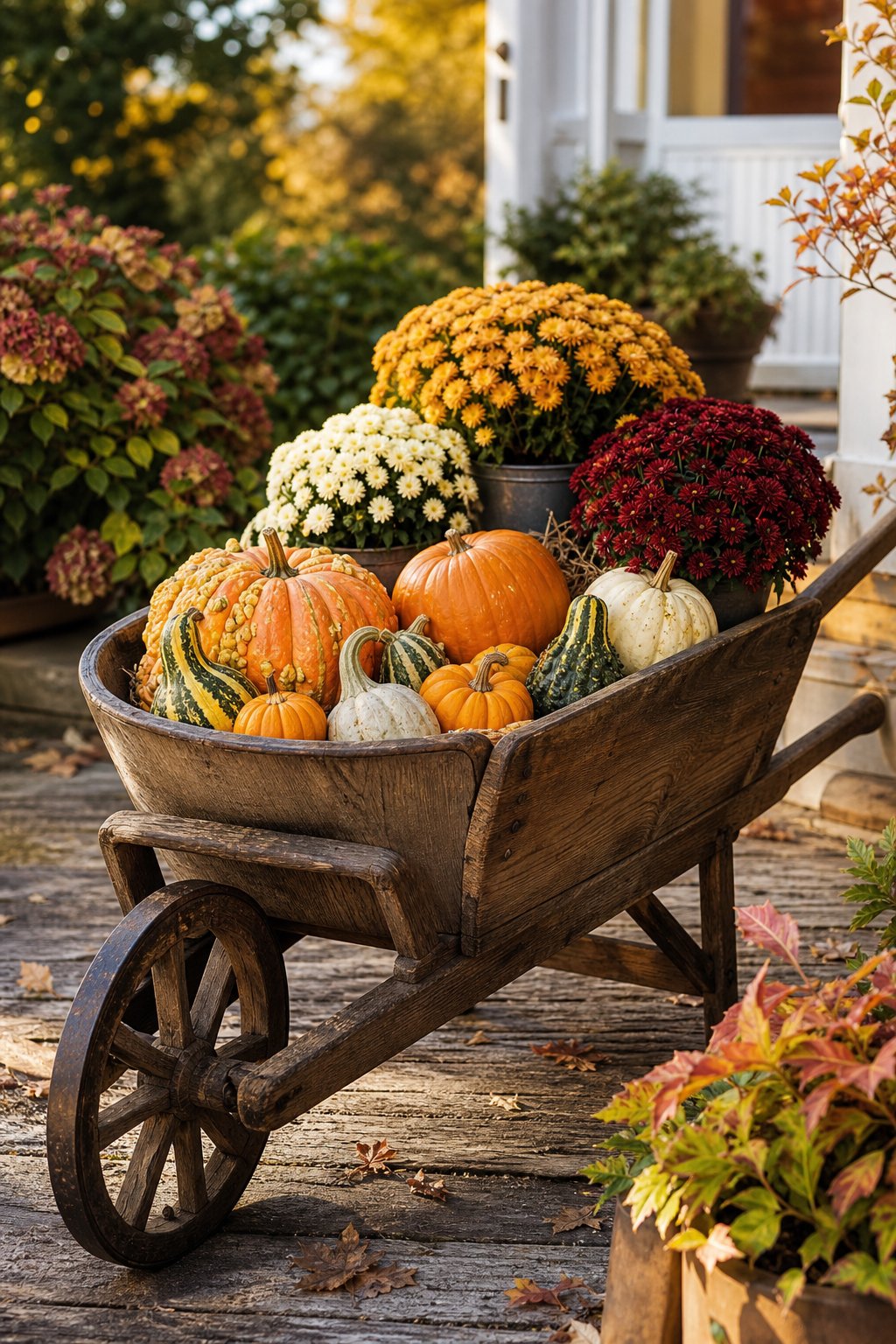 A rustic wheelbarrow filled with pumpkins, gourds, and potted chrysanthemums outdoors.