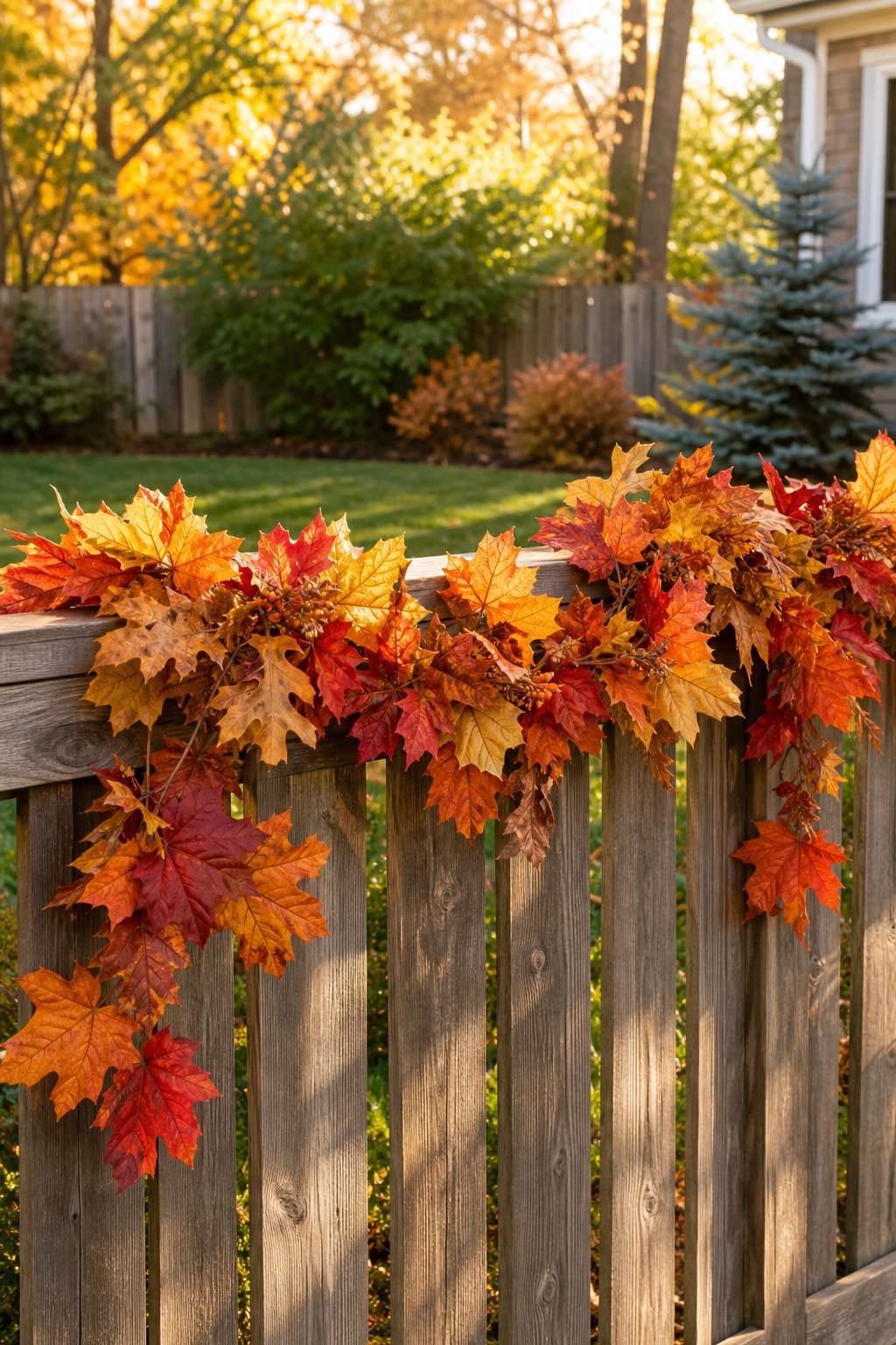 A colorful autumn leaf garland draped across a wooden backyard fence.