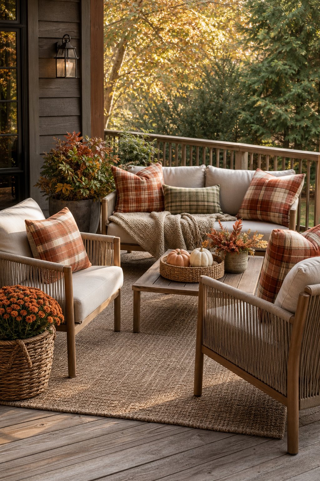 An outdoor patio seating area with an autumn-colored rug and plaid pillows.