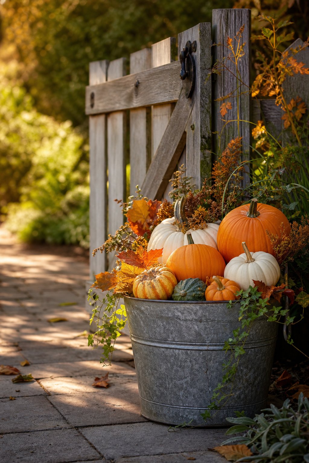 A galvanized bucket filled with pumpkins and gourds sits beside a garden gate in an autumn garden.