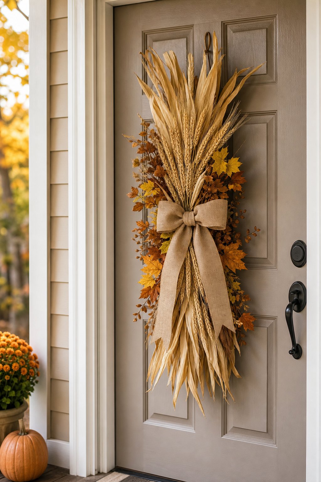 A dried corn husk and wheat sheaf swag hangs on an outdoor front door.