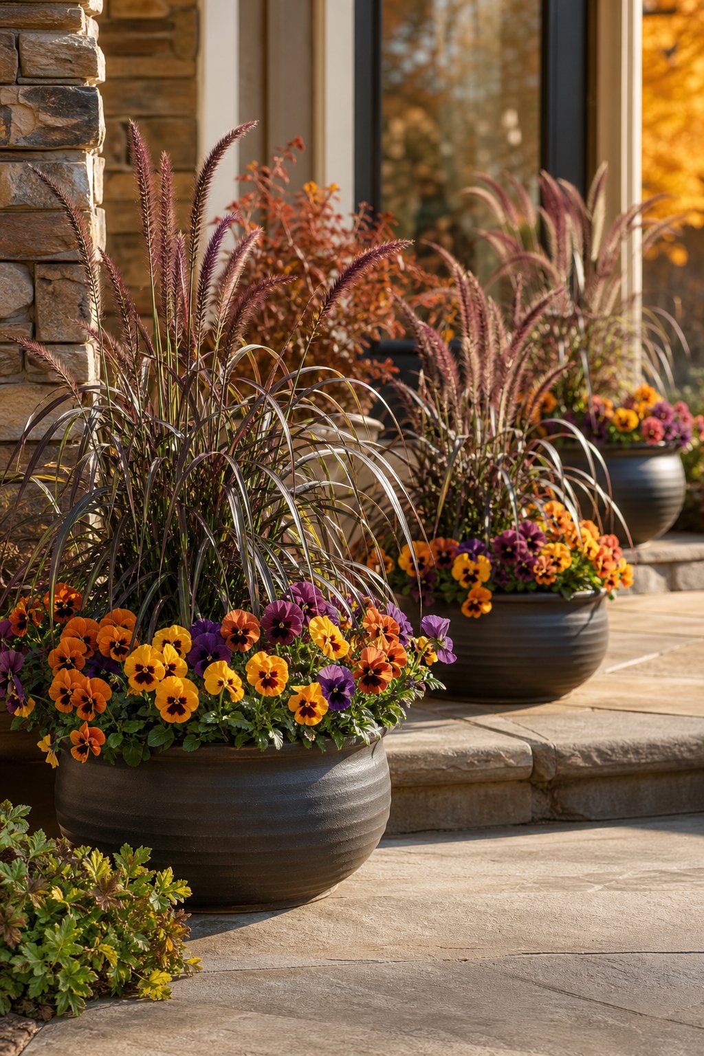 Outdoor planters filled with burgundy ornamental millet and colorful pansies beside a fall porch.