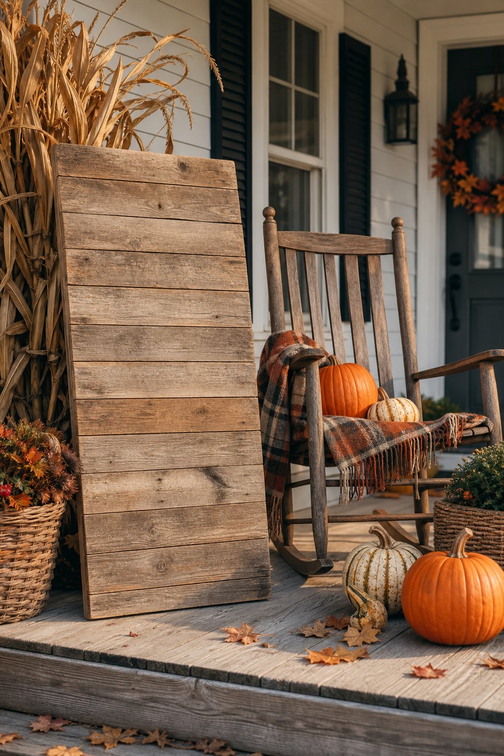 A wooden harvest sign stands beside a rocking chair on a fall-decorated front porch.