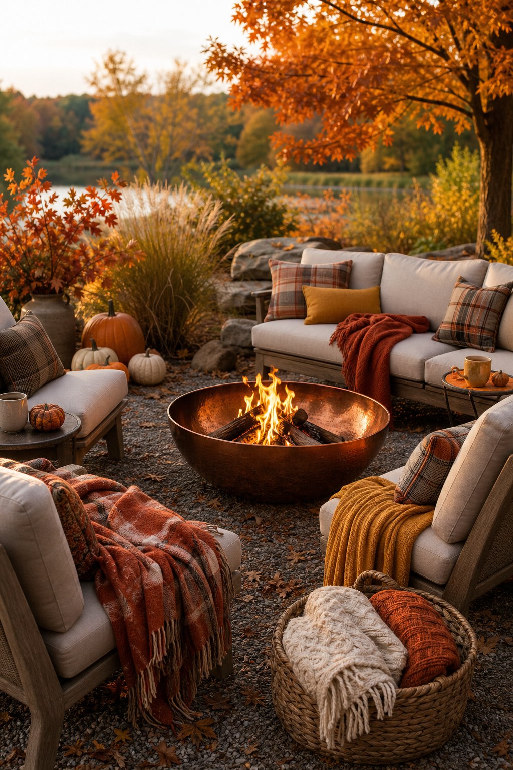 A copper fire pit surrounded by lounge chairs and autumn-colored throw blankets on a patio.