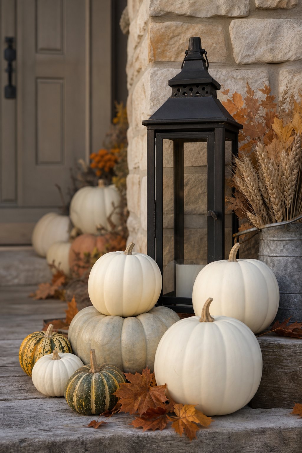 White pumpkins and a black lantern arranged with autumn foliage on an outdoor porch.