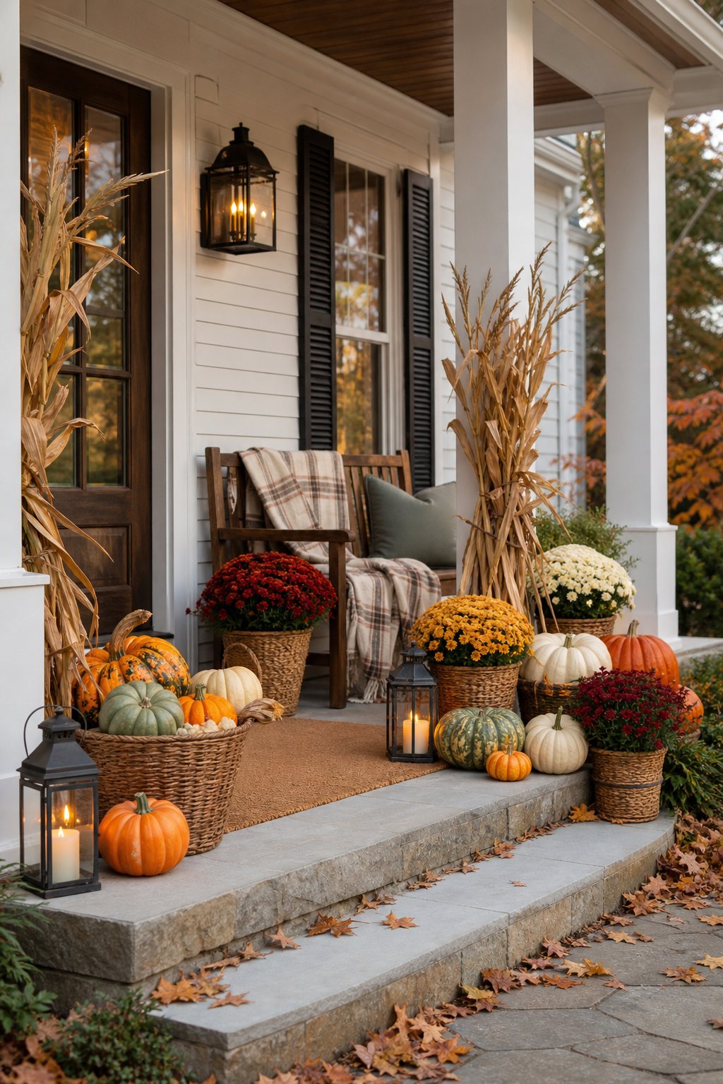 A welcoming front porch decorated with pumpkins, autumn flowers, cornstalks, baskets, and warm lanterns.