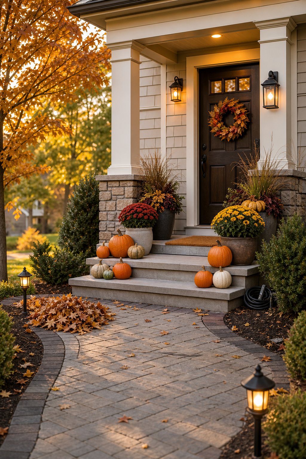 A tidy autumn-decorated front porch with pumpkins, flowers, a wreath, and illuminated pathway lights.