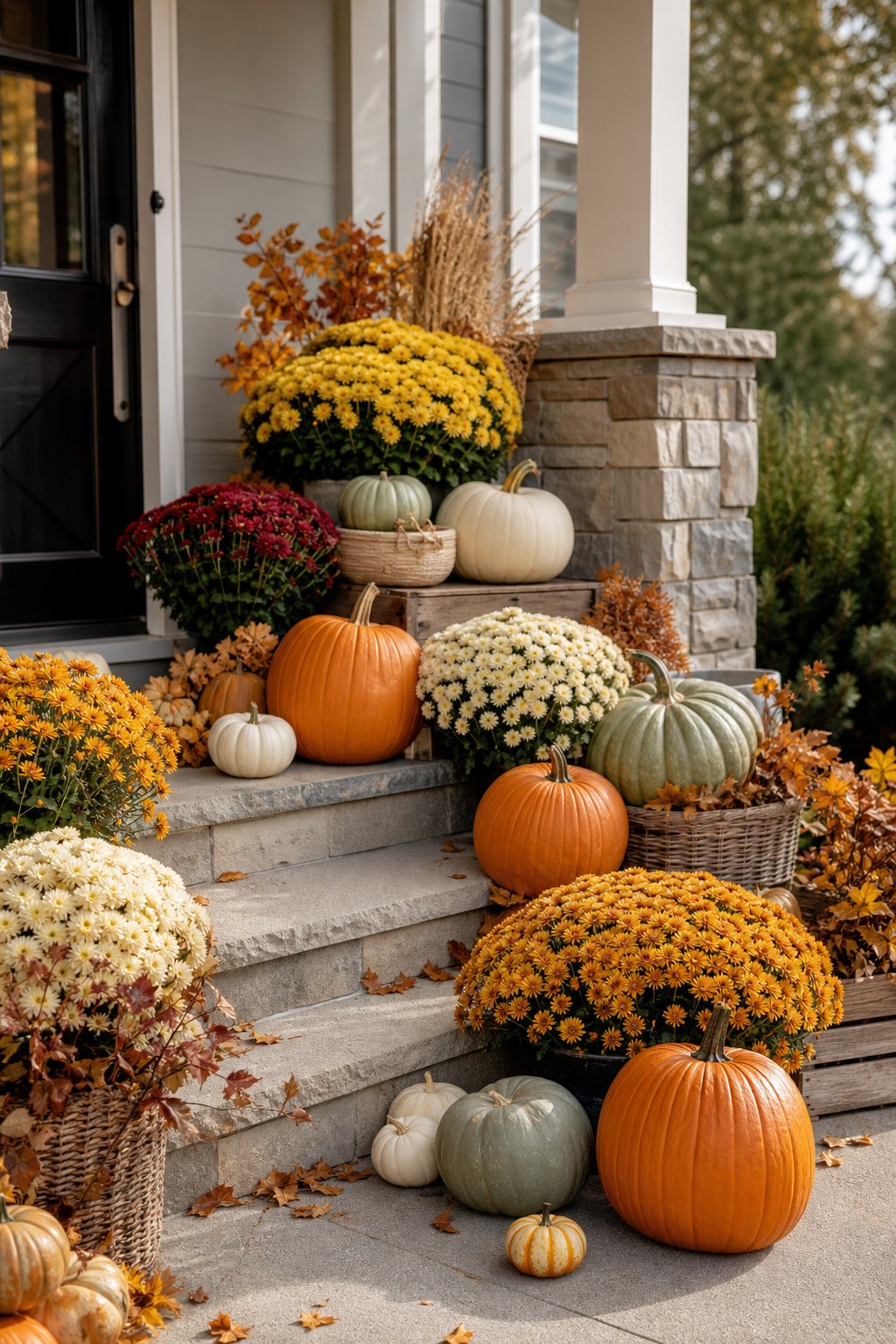 Layered pumpkins and potted chrysanthemums decorate the steps of an autumn front porch.