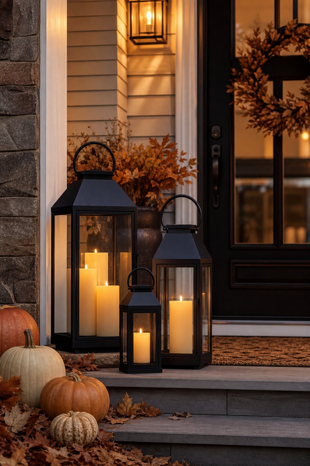 Oversized black lanterns with glowing candles decorate a fall front porch.
