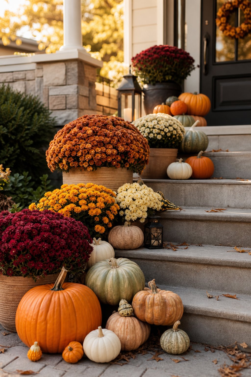 A front porch decorated with layered pumpkins and colorful potted chrysanthemums on the steps.