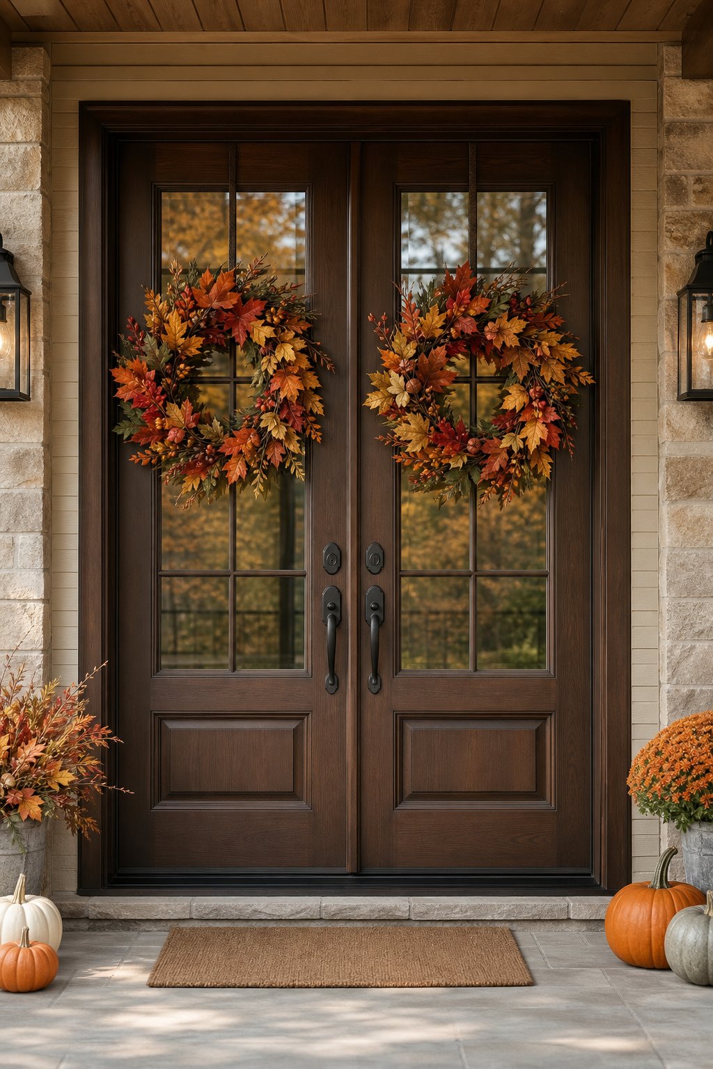 Double front doors decorated with matching autumn leaf wreaths on a welcoming porch.