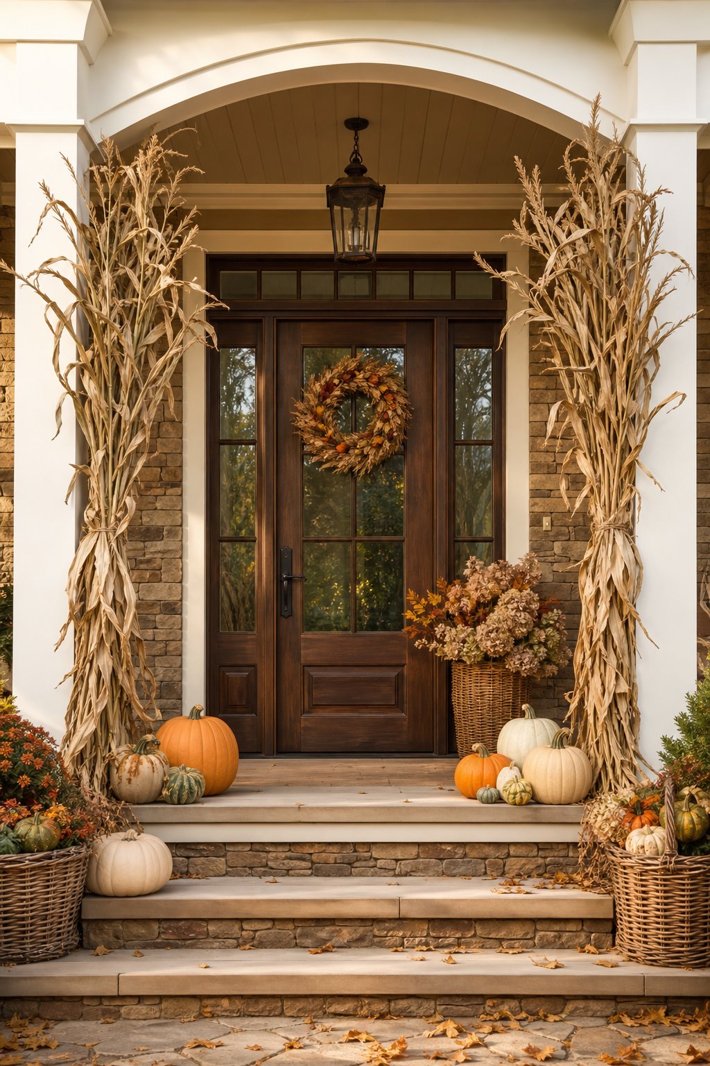 A front door framed by tall dried corn stalks and surrounded by autumn pumpkins and gourds.