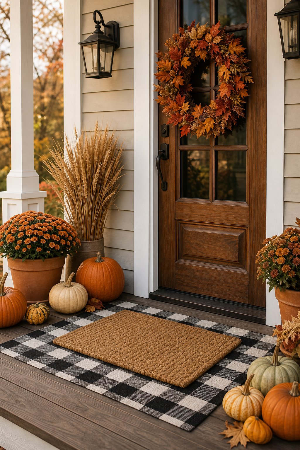 A fall-decorated front porch with a buffalo check rug layered beneath a smaller doormat.