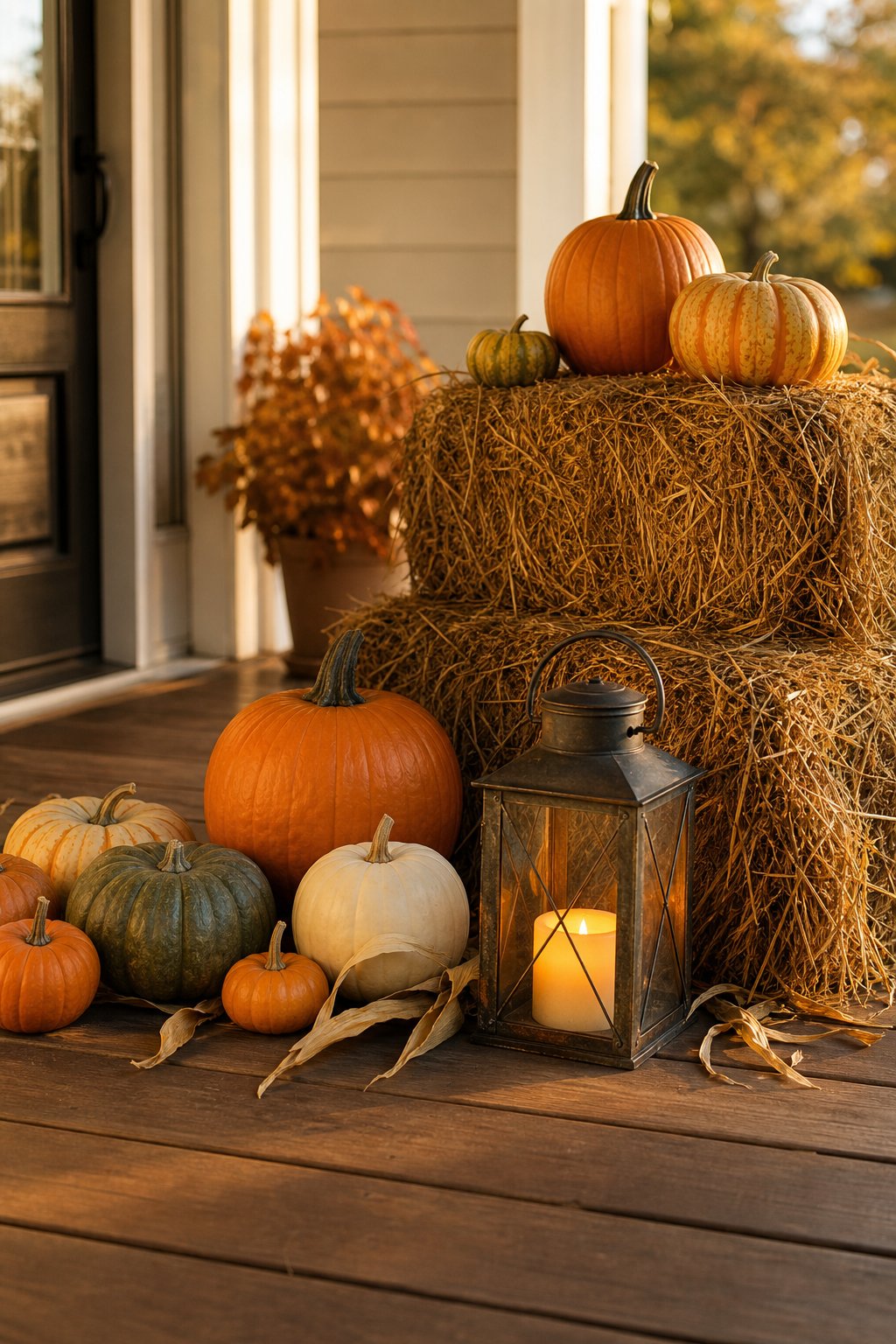 A fall porch display with hay bales, pumpkins, and a glowing lantern.