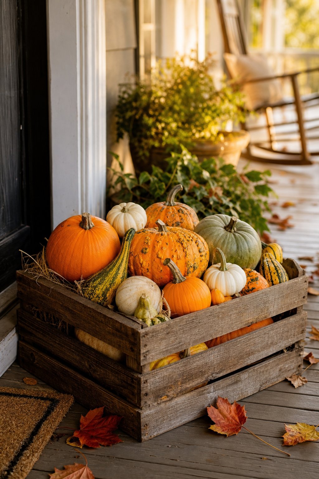 A wooden crate filled with pumpkins and gourds sits on an autumn porch.