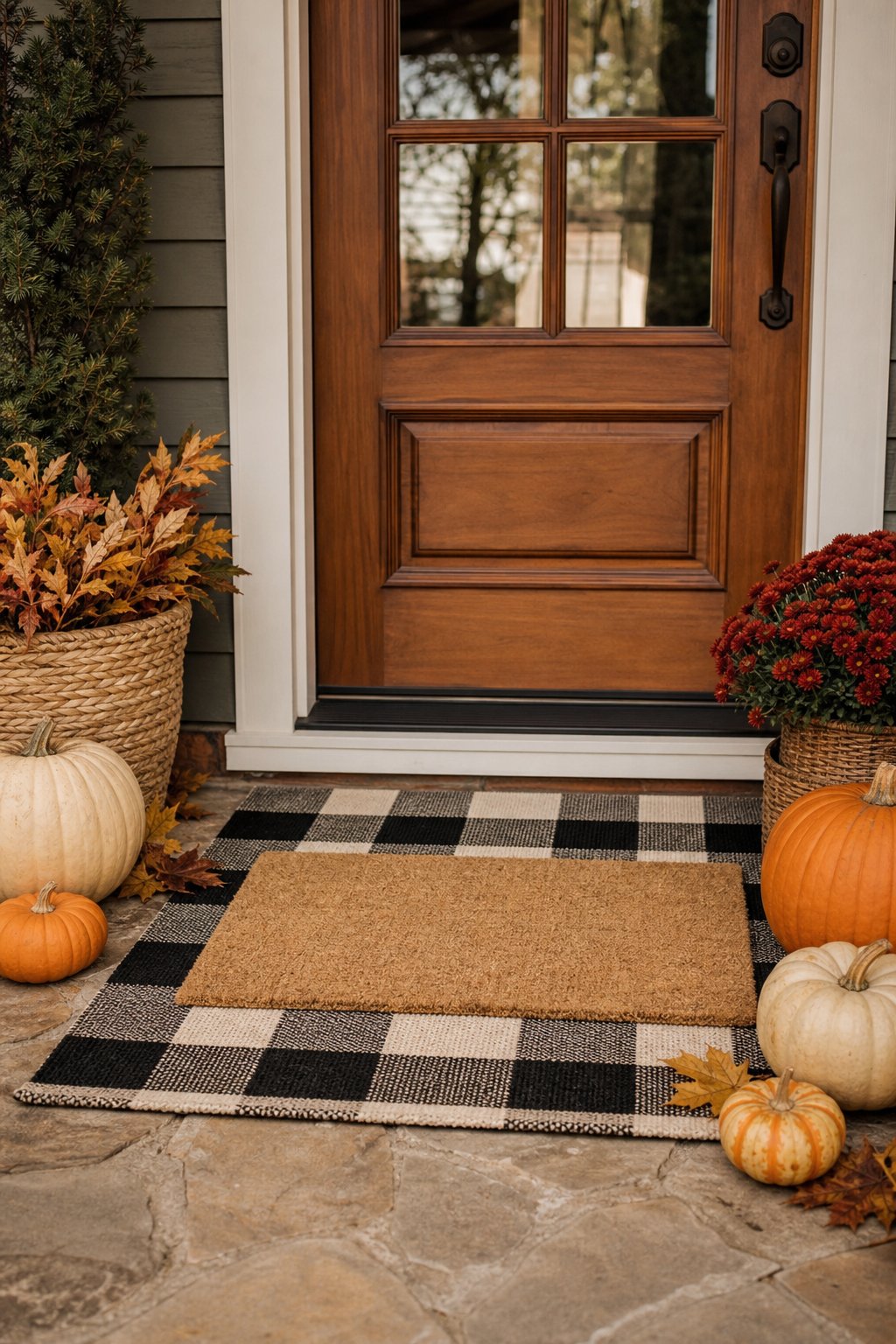 A fall front porch with a buffalo plaid rug layered beneath a welcome mat and decorated with pumpkins.