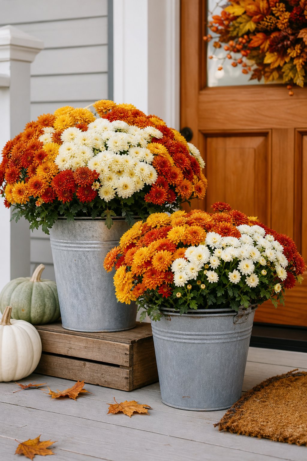 Galvanized buckets filled with colorful chrysanthemums on a fall-decorated front porch.