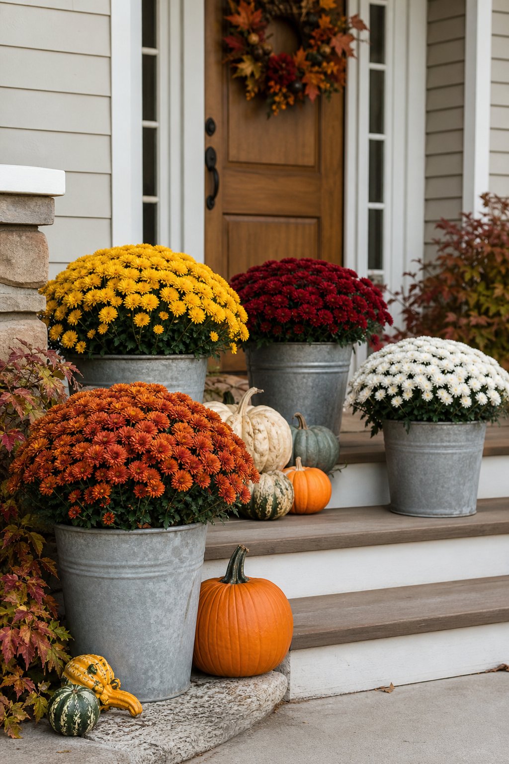 Galvanized buckets filled with colorful chrysanthemums decorate a fall front porch.