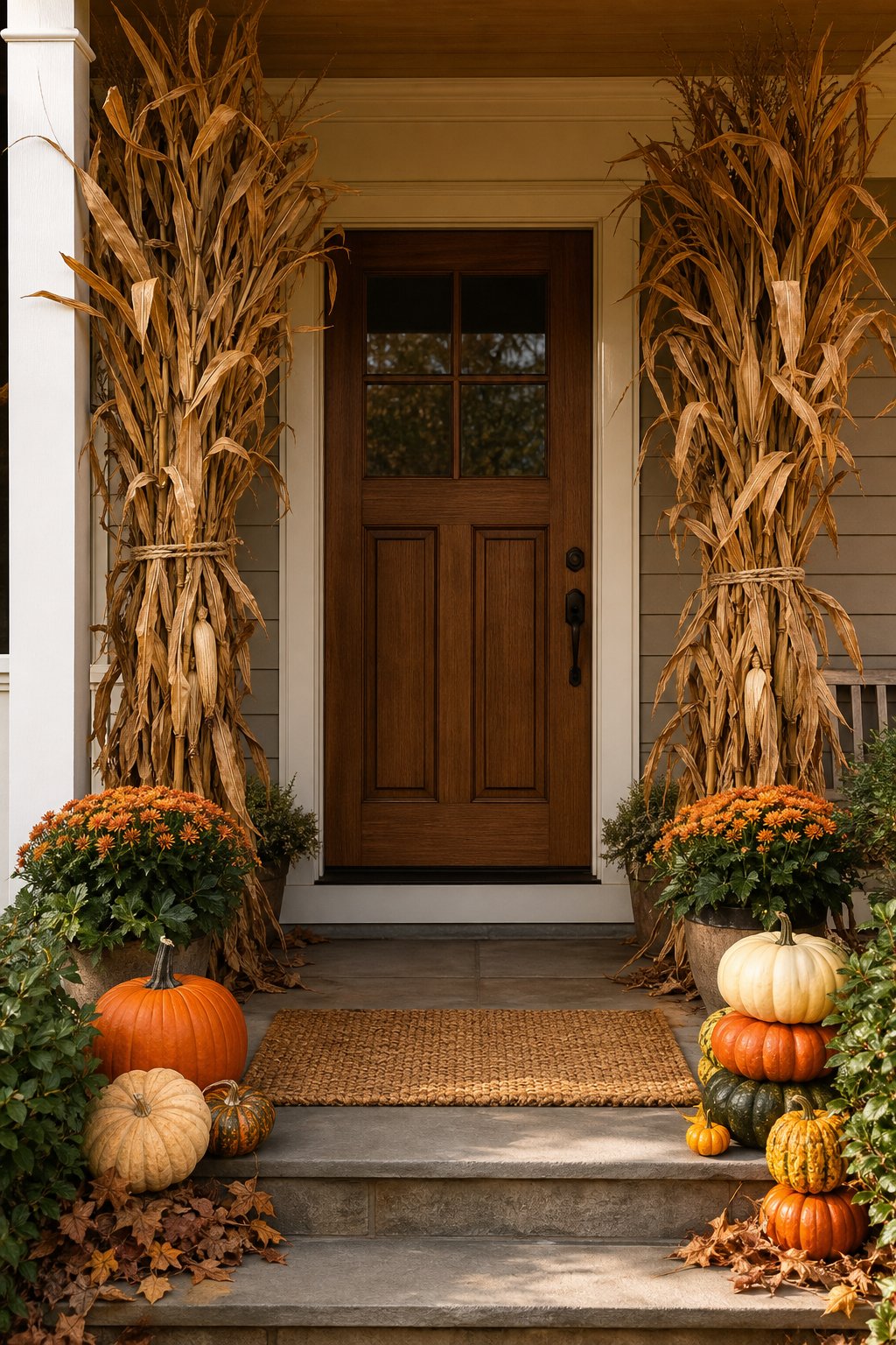 An autumn front porch with tall cornstalk bundles framing the front door and pumpkins arranged along the entryway.