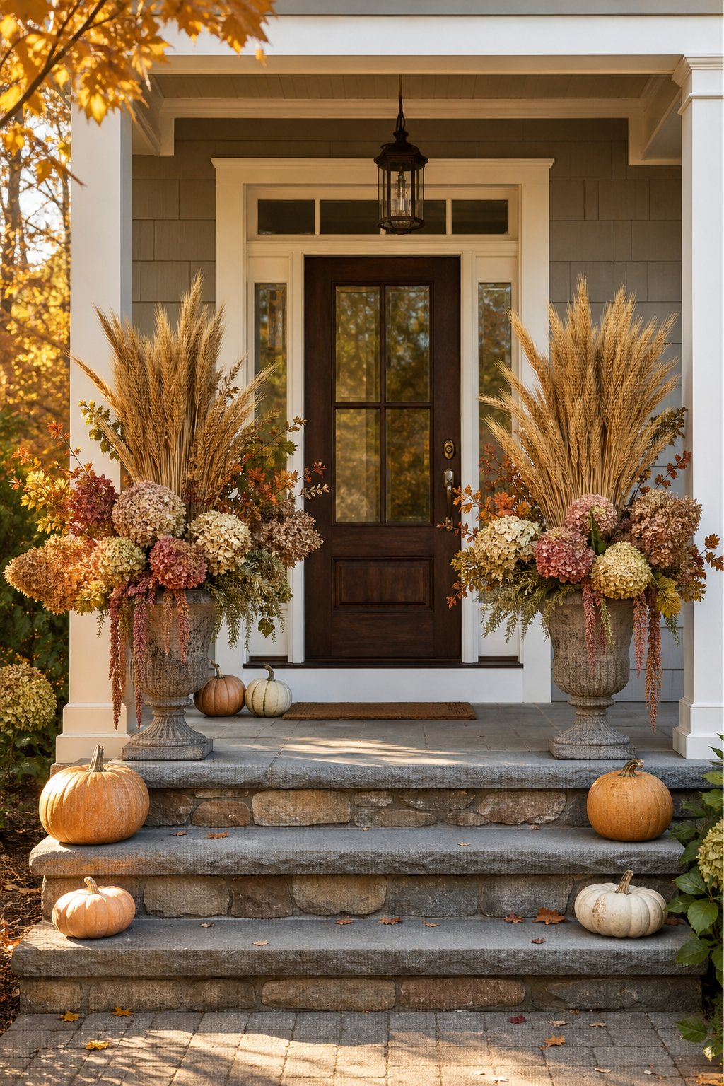 A welcoming front porch with two urn planters filled with wheat bundles and dried hydrangeas.